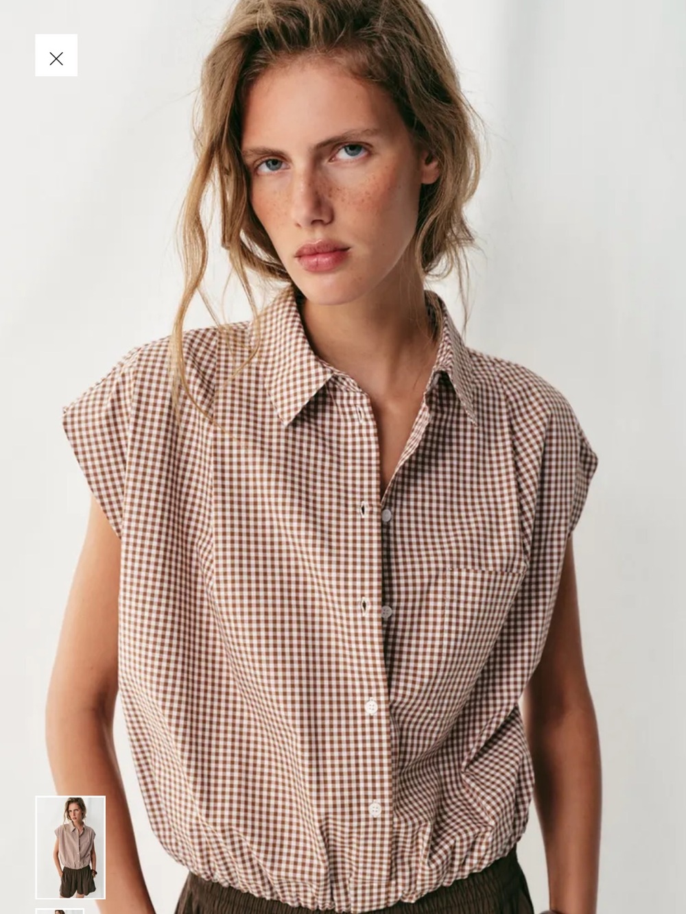 Zara Brown and White Gingham Cropped Shirt
